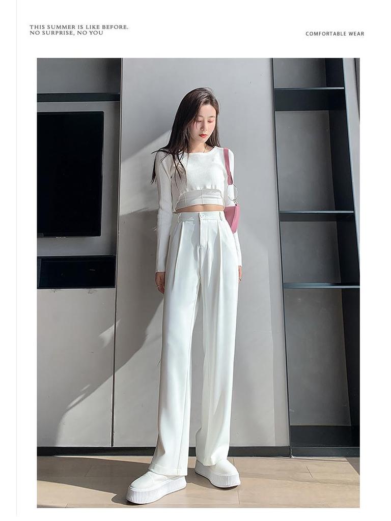Women's High Waist Wide Leg White Suit Pants - Spring/Autumn Thin Style, Straight Loose Fit with Elegant Drape, Trendy and Versatile.