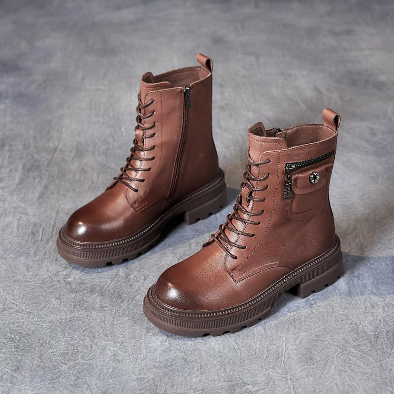 The first layer of cowhide Martin boots for women's 2025 autumn and winter new retro leather velvet medium tube British style women's boots for women