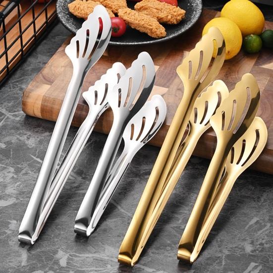 Stainless Steel Serving Tongs with Slotted Heads BBQ Buffet Food Clips Heat-Resistant Rust-Proof Hollow Chuck Design Kitchen Utensils