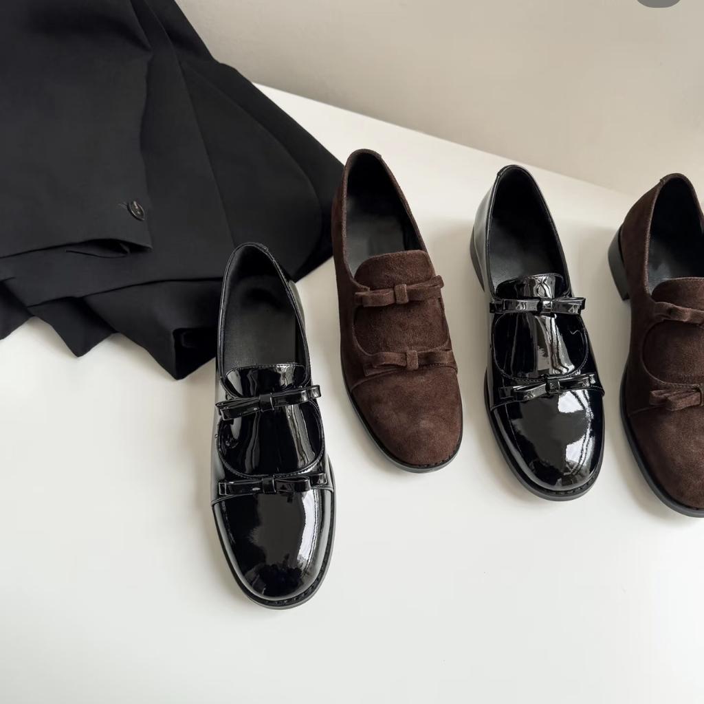 Cowhide Version~ Genuine Leather Bow Light Mouth Small Leather Shoes Women's Versatile Flat British Retro Single Shoes