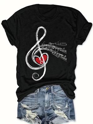 Womens Casual Crew Neck TShirt with Heart Print and Music Note Design Printed Short Sleeve Tee Summer Women Casual Clothing