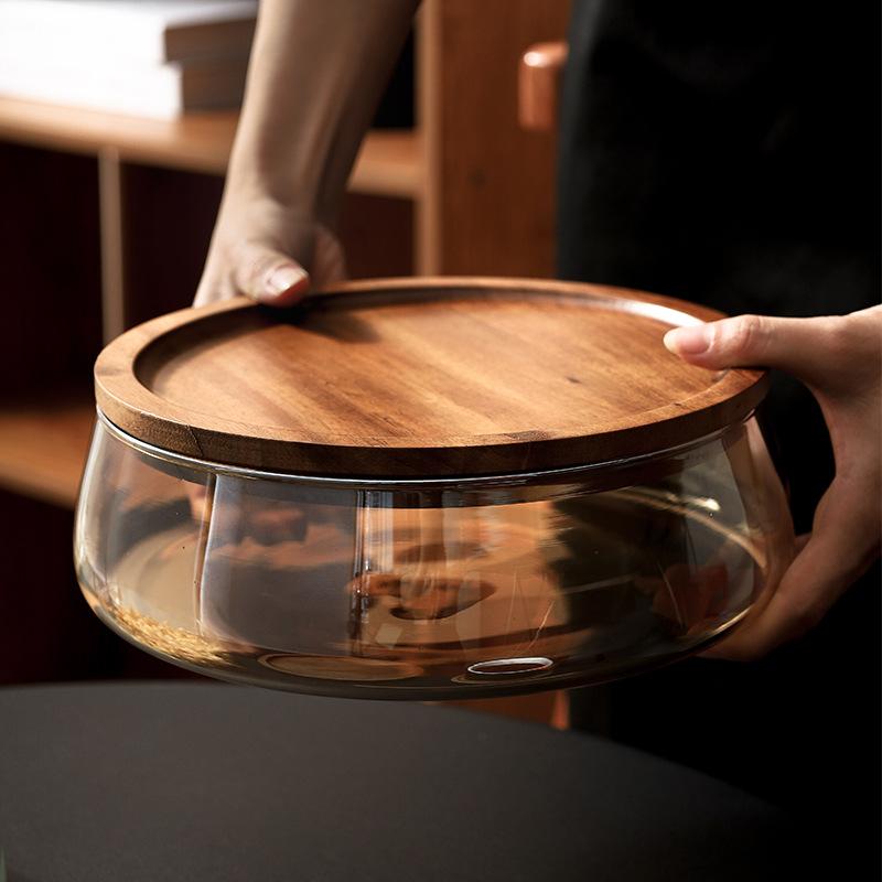 Glass Food Storage Fruit Tray with Wooden Cover Nut Candy Fruit Organizer for Coffee Table Dry Fruit Bowl Kitchen Storage