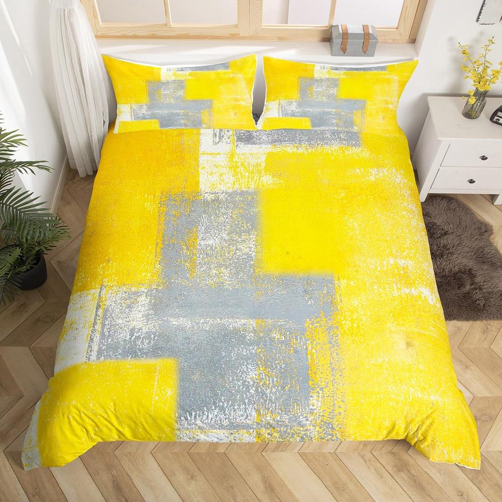 Yellow And Grey Themed Duvet Cover Sets Queen Lightweight Down Quilt Covers Bedroom Decor Abstract Art Bedspread Covers No Quilt