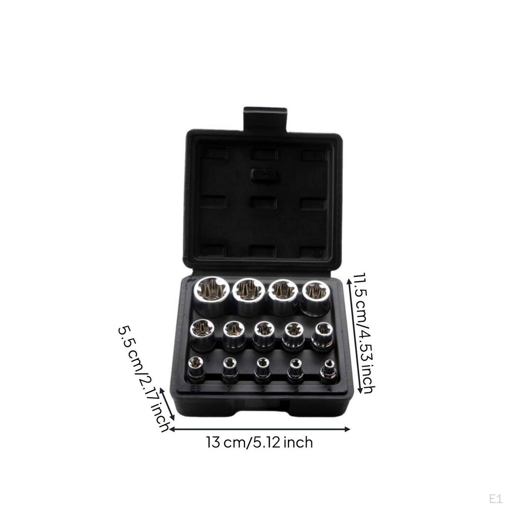 External E Socket Set 14Piece Female Recessed Tool Chrome for Mechanics,