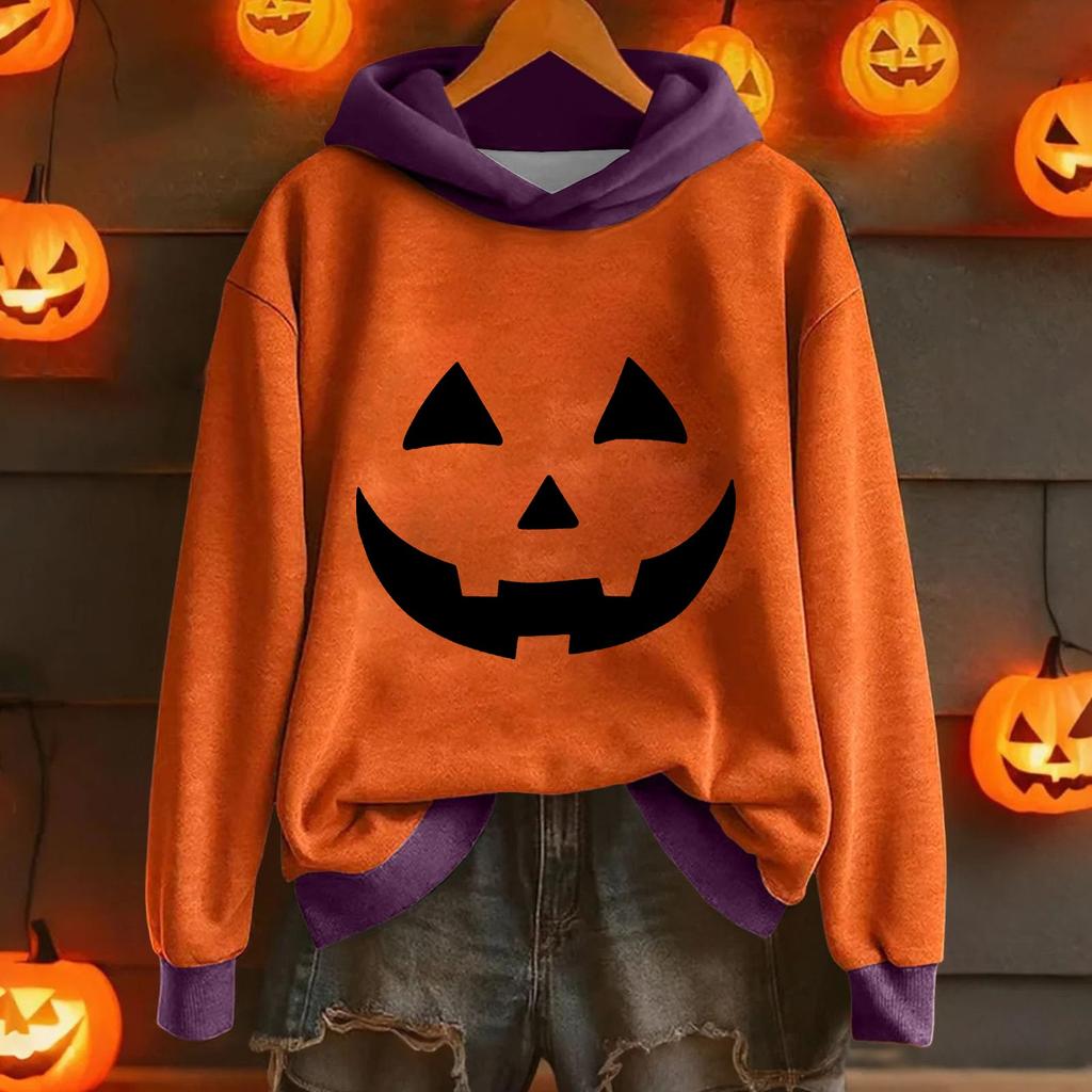 Ladies' Casual And Fashionable Halloween Printed Long Sleeved Hooded Warm Shirt Loose And Comfortable Hoodie