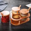 Set of 3 Glass Spice Jars for Salt, Sugar, Pepper, and Potato Starch, with Bamboo Lids and Three Stainless Steel Spoons