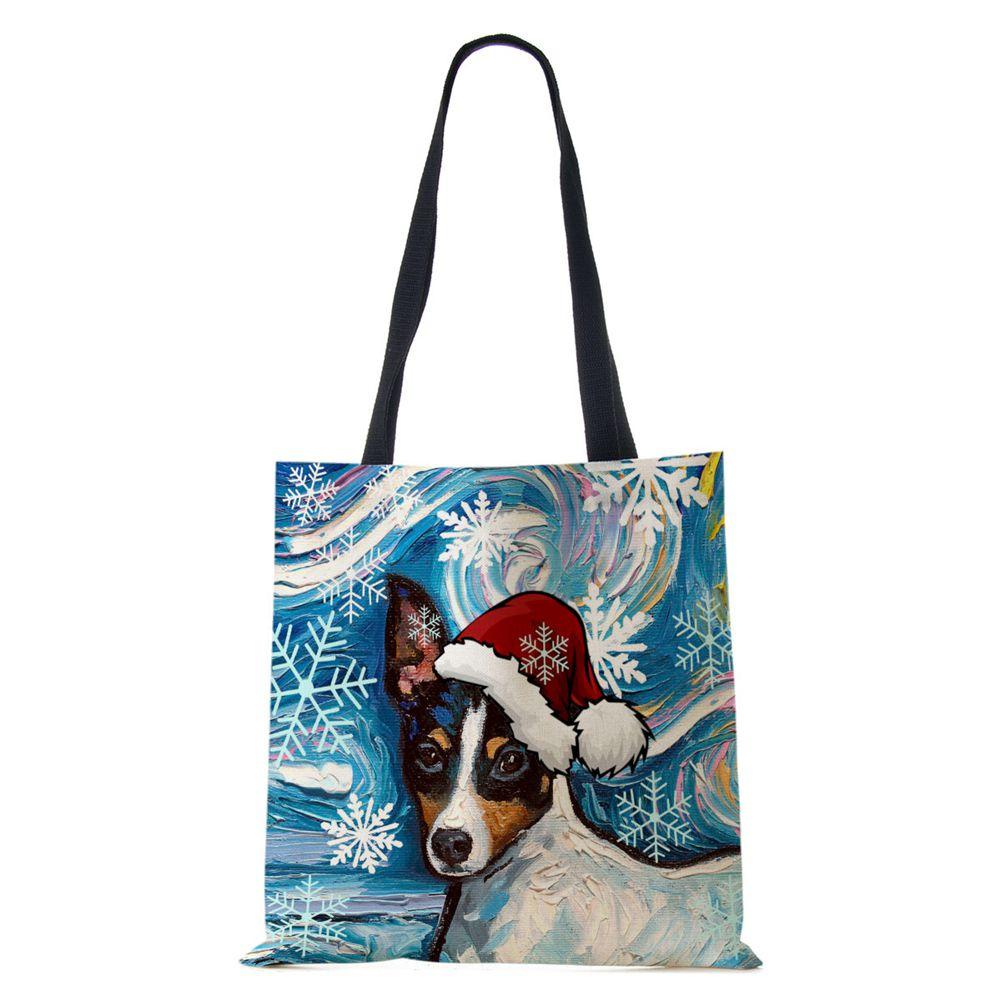 Christmas Dog Canvas Shopper Tote Bag Utskrift Harajuku Kvinner Gjenbrukbar skulderveske 2022 Casual Stor kapasitet sammenleggbar håndveske