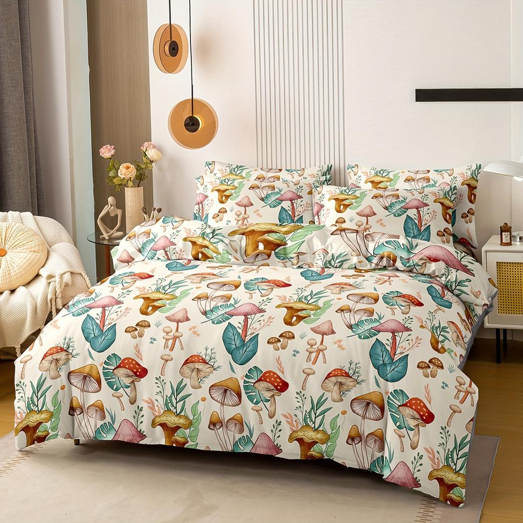 Vibrant Mushroom Plant Print Duvet Cover Set Soft Comfortable Machine Washable Floral Design For Bedroom Dorm