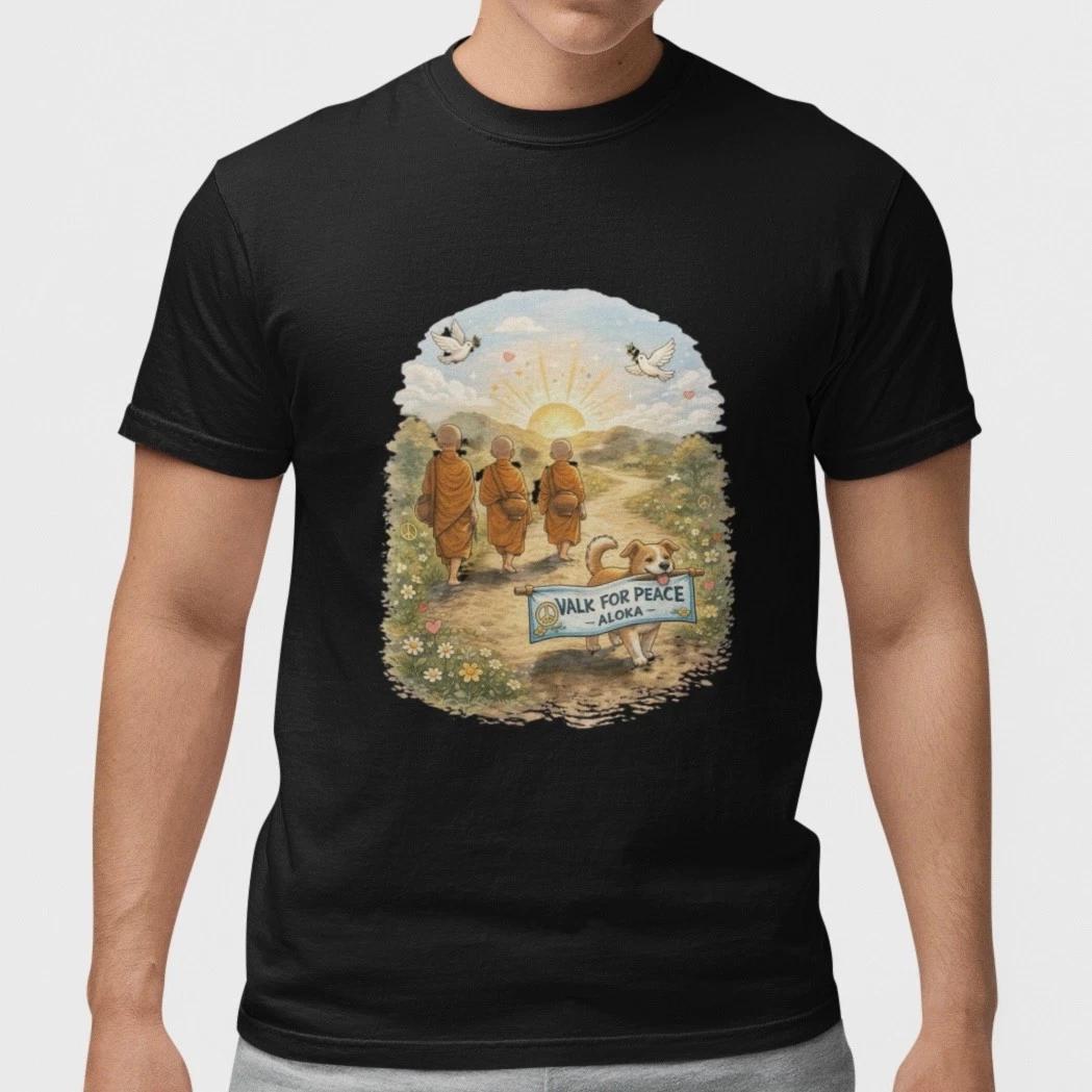 

Walk for Peace Aloha T-Shirt Spiritual Monk Art Dog Lover Peaceful Graphic Tee XXXL
