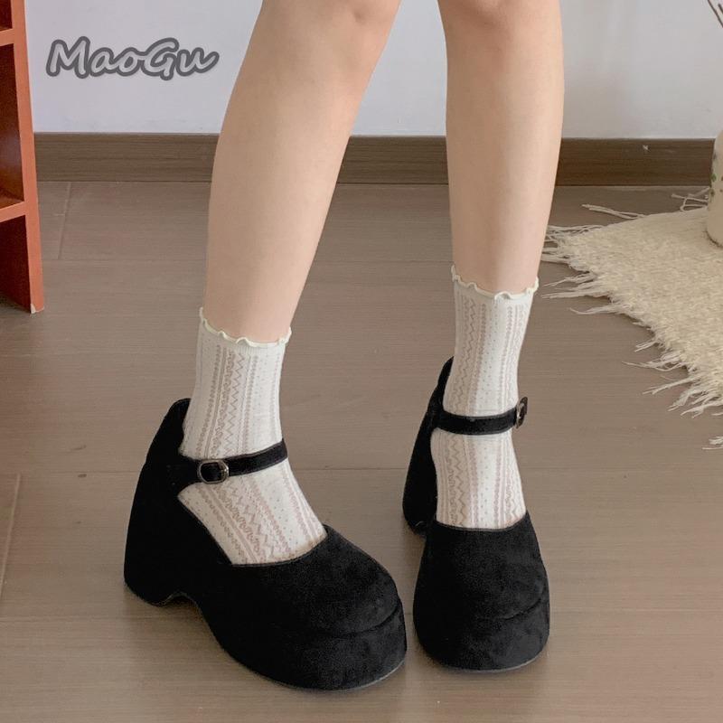 Fashion Thick Bottom High Heel Women Pumps Suede Black Ladies Fashion Sneakers Ankle Straps Muffins Shoes Wedge Zapatos De Mujer Sandals
