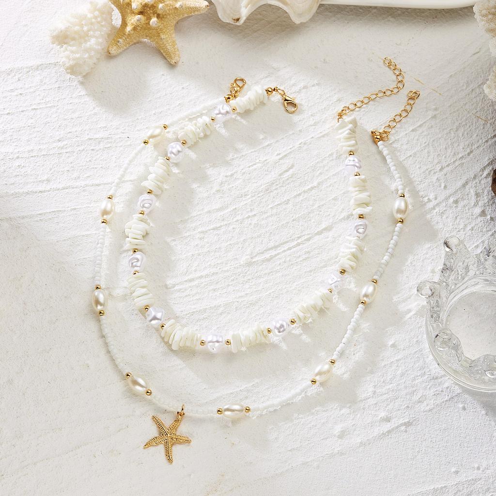 Boho Dolphin Imitation Pearl Starfish Layered Necklace Set for Women Mermaidcore Shell Beaded Chain Summer Party Jewelry Gift