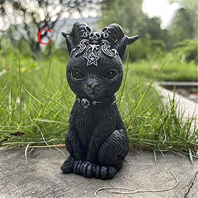 Schwarze Katzenstatue, geheimnisvolle süße Katzenhexe, Katzenfigur, Hexendekor, Schreibtischornament, handbemalte Skulptur für Halloween