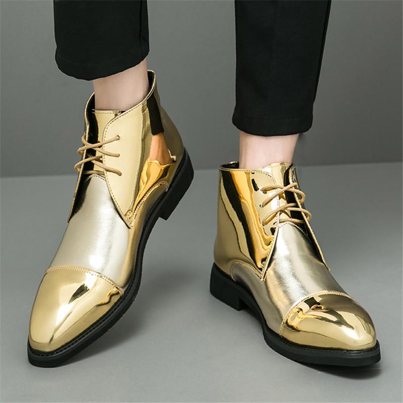 Projektant Nowy Męski Urok Złoty Patchwork Sukienka Skórzane Sznurowane Buty Dla Mężczyzn Luksusowy Dżentelmen Botki Do Kostki Ślubne Balowe Obuwie