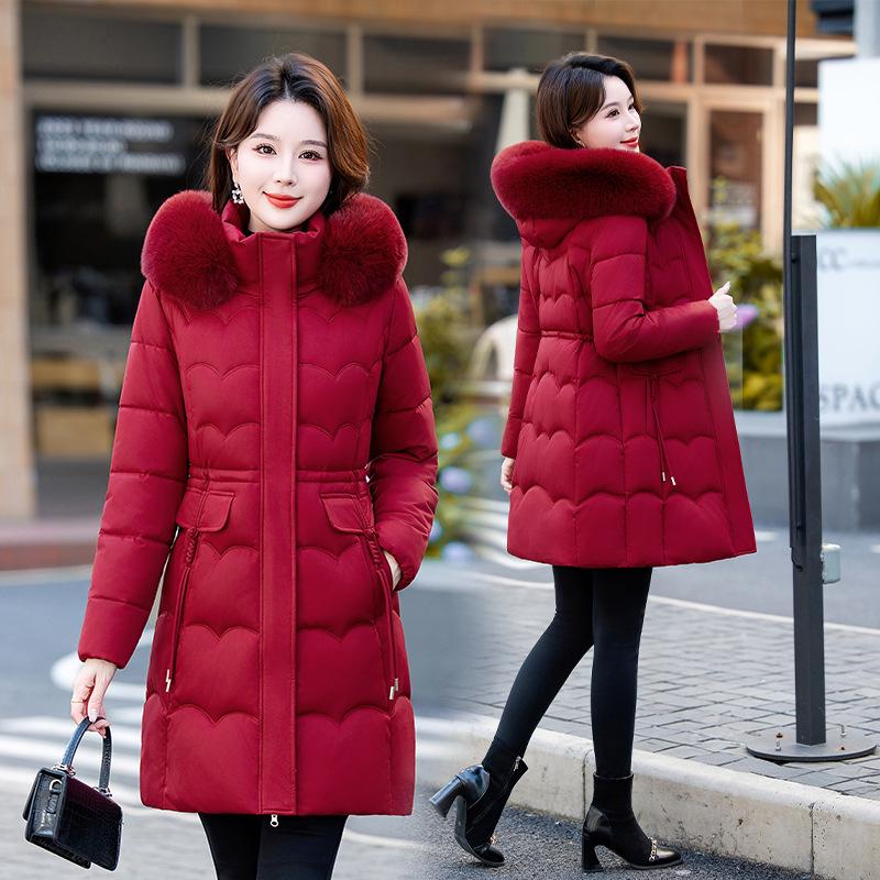 Women's Mid-Length Winter Fur Collar Hooded Cotton Jacket - Fashionable Slimming Warmth