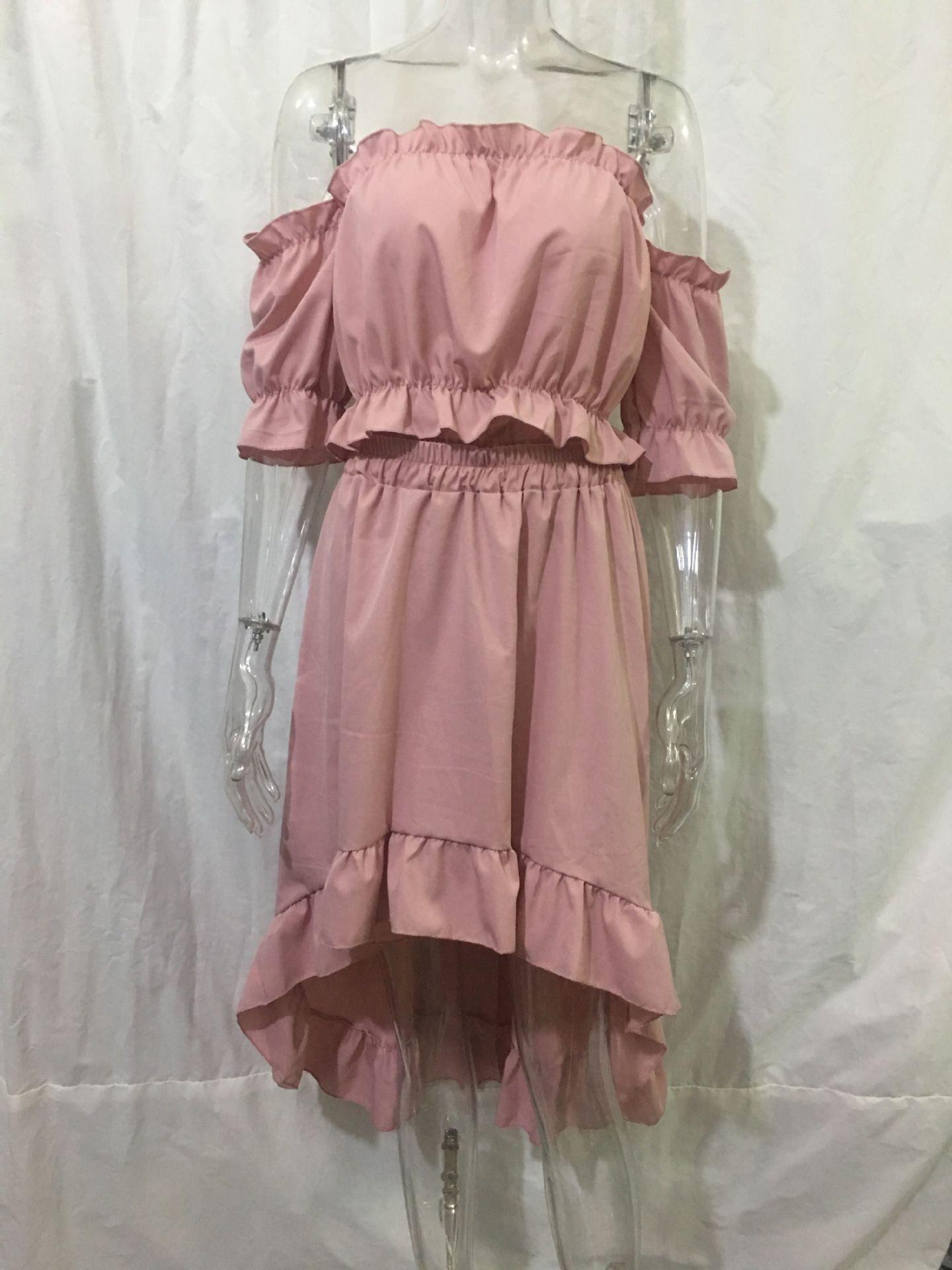 

Сплошной цвет с воротником из одного слова, сексуальная верхняя юбка без талии с пышными рукавами, женский костюм из двух частей S