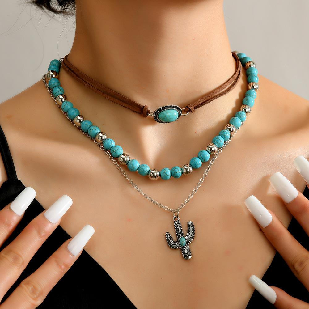 Boho Turquoise Vintage Necklace , Irregular Alloy Pendant for Women , Retro Statement Choker 6