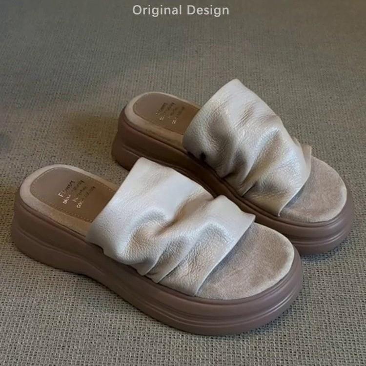 

Comfortable heightening platform slippers women s outer wear 2025 new summer pleated one-word slippers cool flat beach shoes 40 абрикосовый