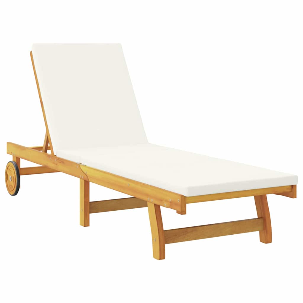 Cream White Sun Lounger with Cushions Solid Acacia Wood