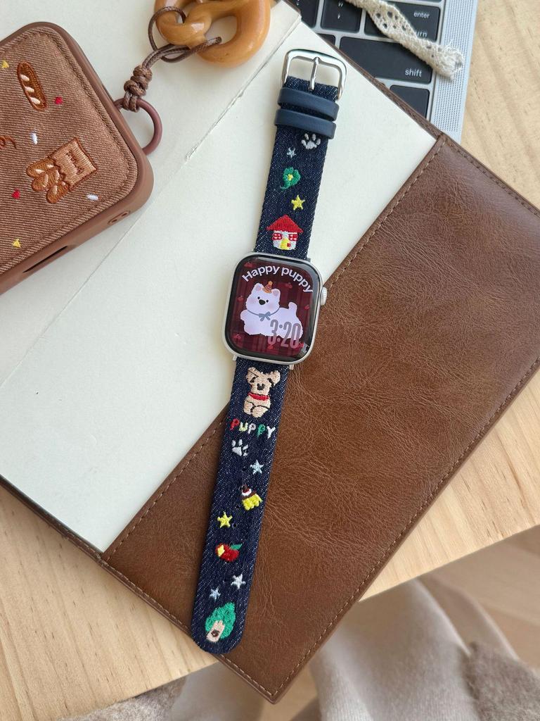 Cartoon Embroidered Denim Leather Watch Strap for Apple Watch Series 11/10/98 Ultra SE
