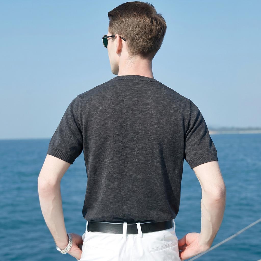 Summer light luxury casual knitted short-sleeved T-shirt made of linen and long staple cotton, men's thin and versatile half-sleeved knitted sweater