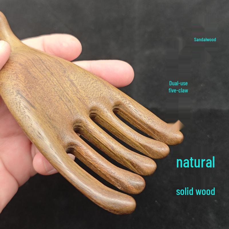 Sandalwood Dual-Use Head Massage Comb: Five-Claw & Five-Tooth Large Scalp Massager - Buddha Hand Design.