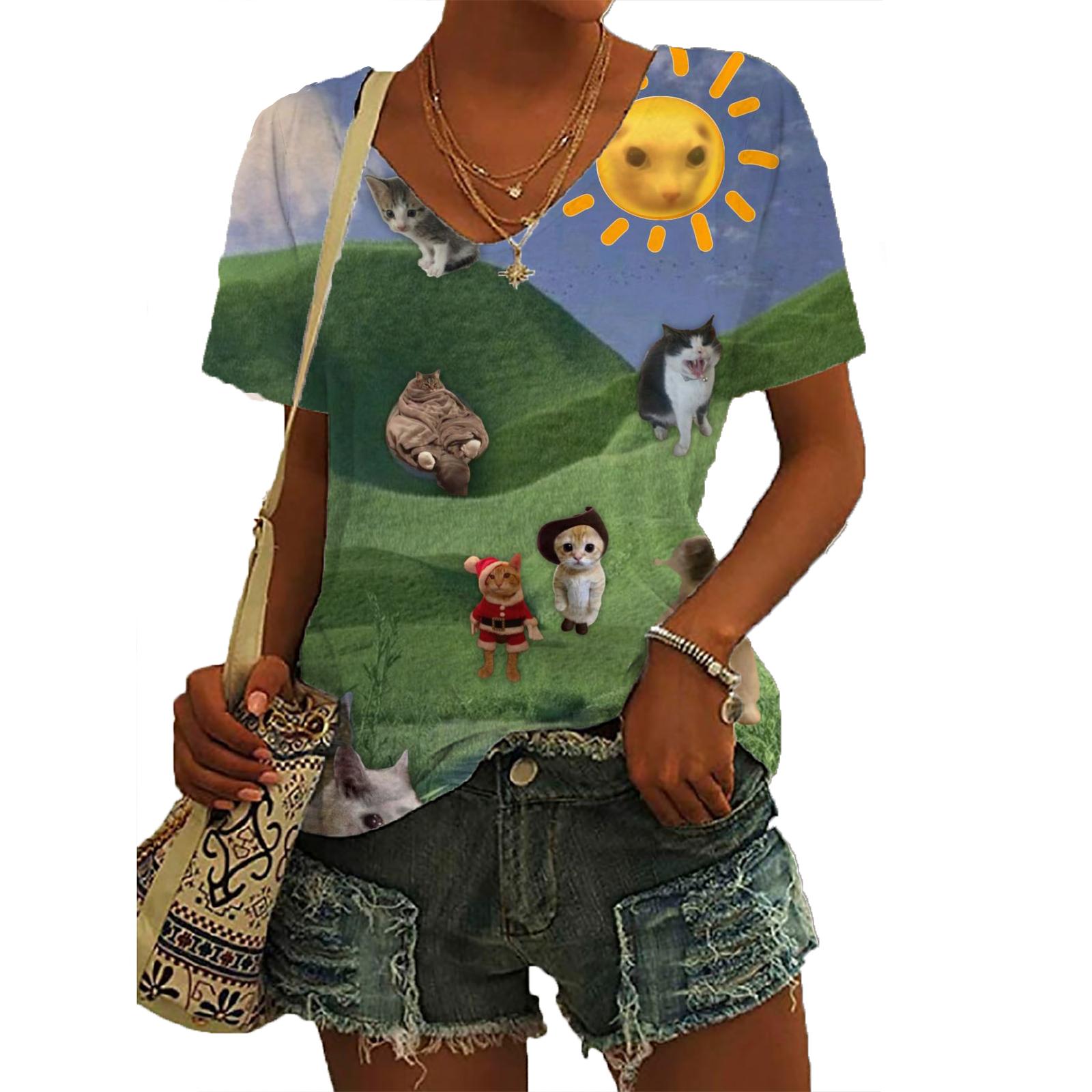 

3D printed casual street short sleeved women s fashion V-neck poster printed T-shirt short sleeved top 2024 summer new model Y2K L