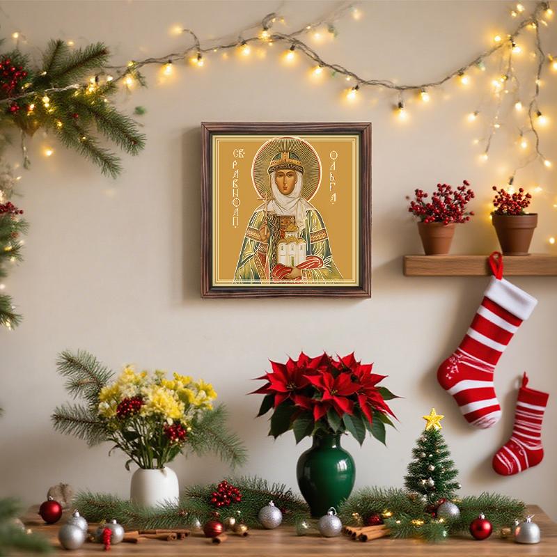 Decorative Painting of Orthodox icons,Consecrated Icon "Saint Olga",Photo Frame painting,Christian Wall Art,20cm*20cm,Spiritual Decor Gift