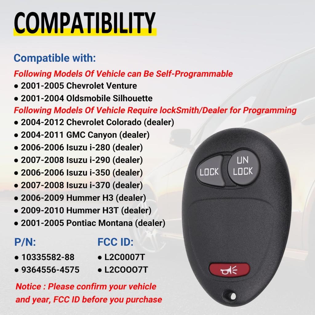 Schlüsselanhänger Keyless Entry Fernbedienung für Chevy Colorado Venture, GMC Canyon, Pontiac Montana, Isuzu i-280 i-290 i-350 i-370, Hummer H3 H3T, L2C0007T, 2 Stück