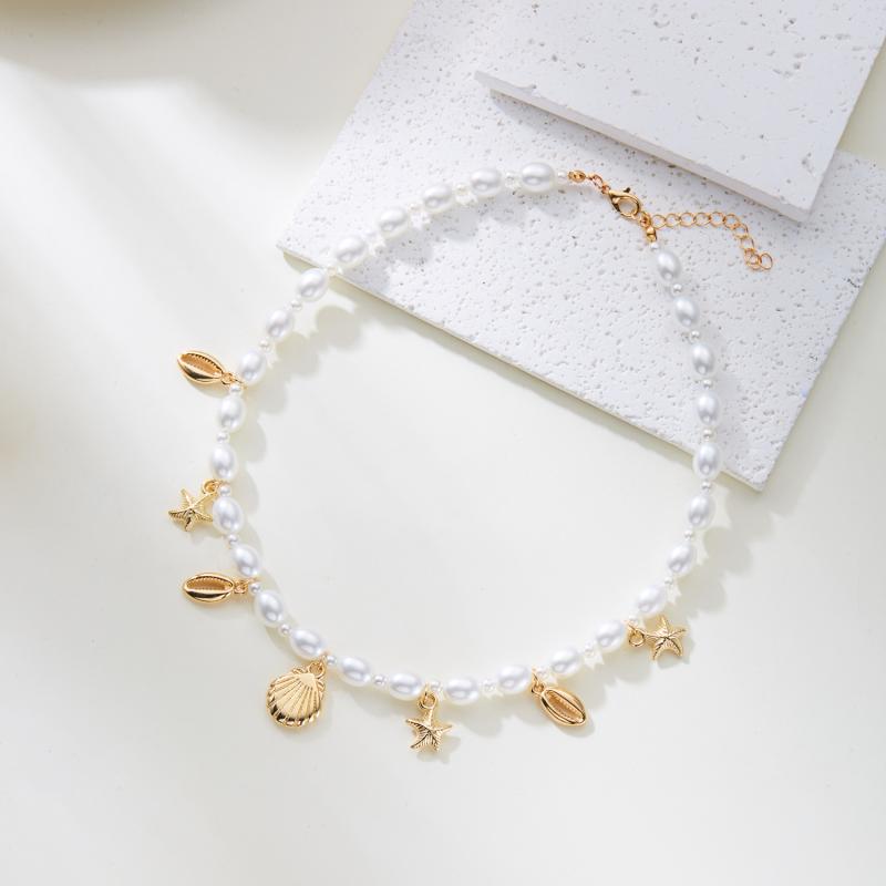 Bohemian Starfish Conch Pendant Necklace Bracelet Women Pearl Beads Chain Choker Jewelry Summer Holiday Beach Gift