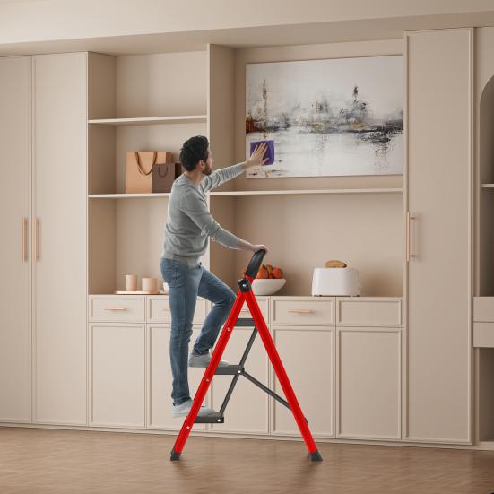 Step Ladder, 3 Step Ladder Folding Step Stool, Multi-Purpose Collapsible Ladder for Home or RV Outdoor Work, Heavy Duty 330 Lbs Load (White, Red)