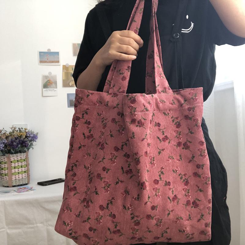 Winter Fashi Pink Rose Ladies Shoulder Bag Retro Corduroy Women Shopping Bags Student Girls Thin Cloth Handbags Travel Tote