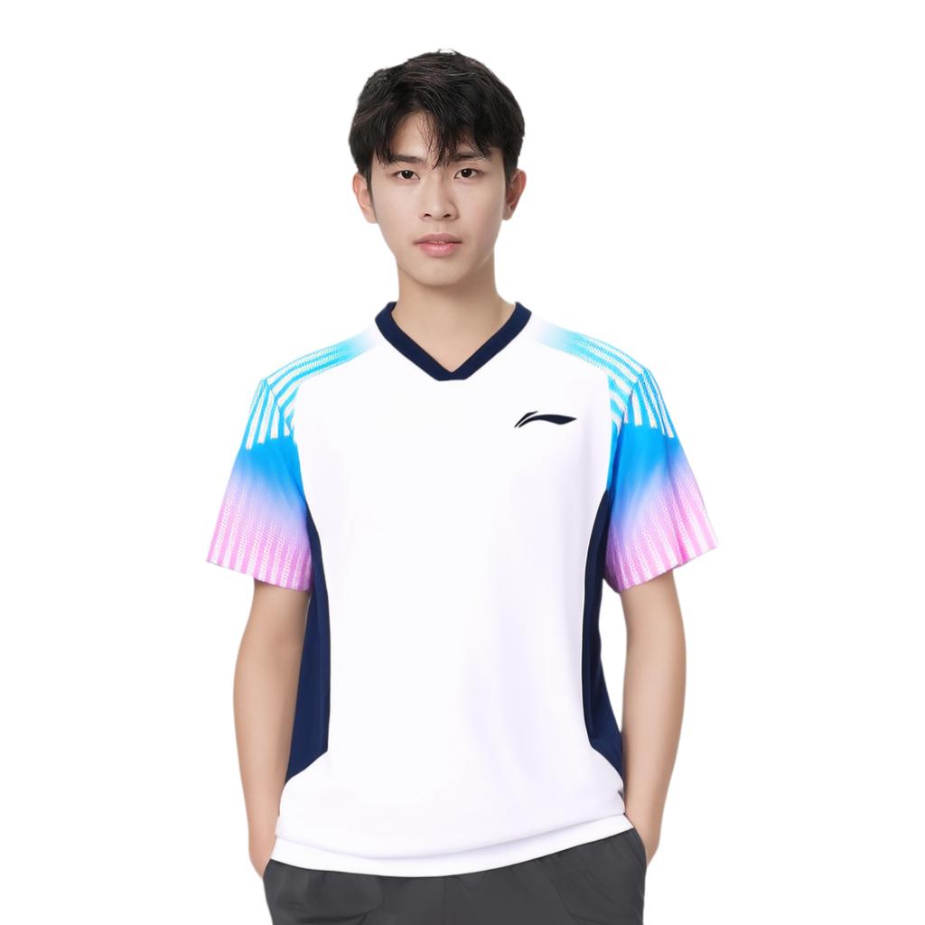 Li Ning Badminton Series High-Value Dynamic Striped Soft Breathable V-Neck Short Sleeve T-Shirt Unisex Tops White AAYV199-1