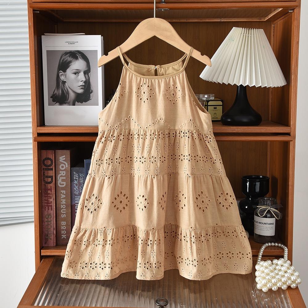 Summer Girls Lace Embroidered Hollow Out Strap Princess Dress Kids Sweet Party Gown For Children 100cm хаки