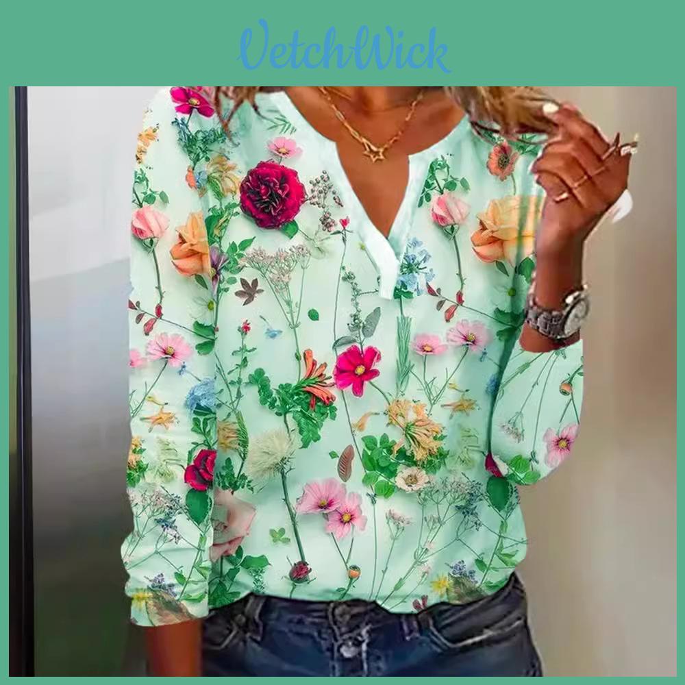 Floral Printed Vneck Long Sleeve Tshirt For Women With Polyester And Spandex For Casual Wear