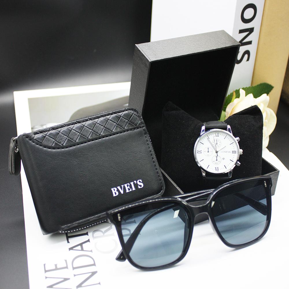 4pcs Set Sunglasses Men Leather Watch Men's Wallets Band Round Dial Men's Glasses for Men Include Bracelet Box for Work Sport