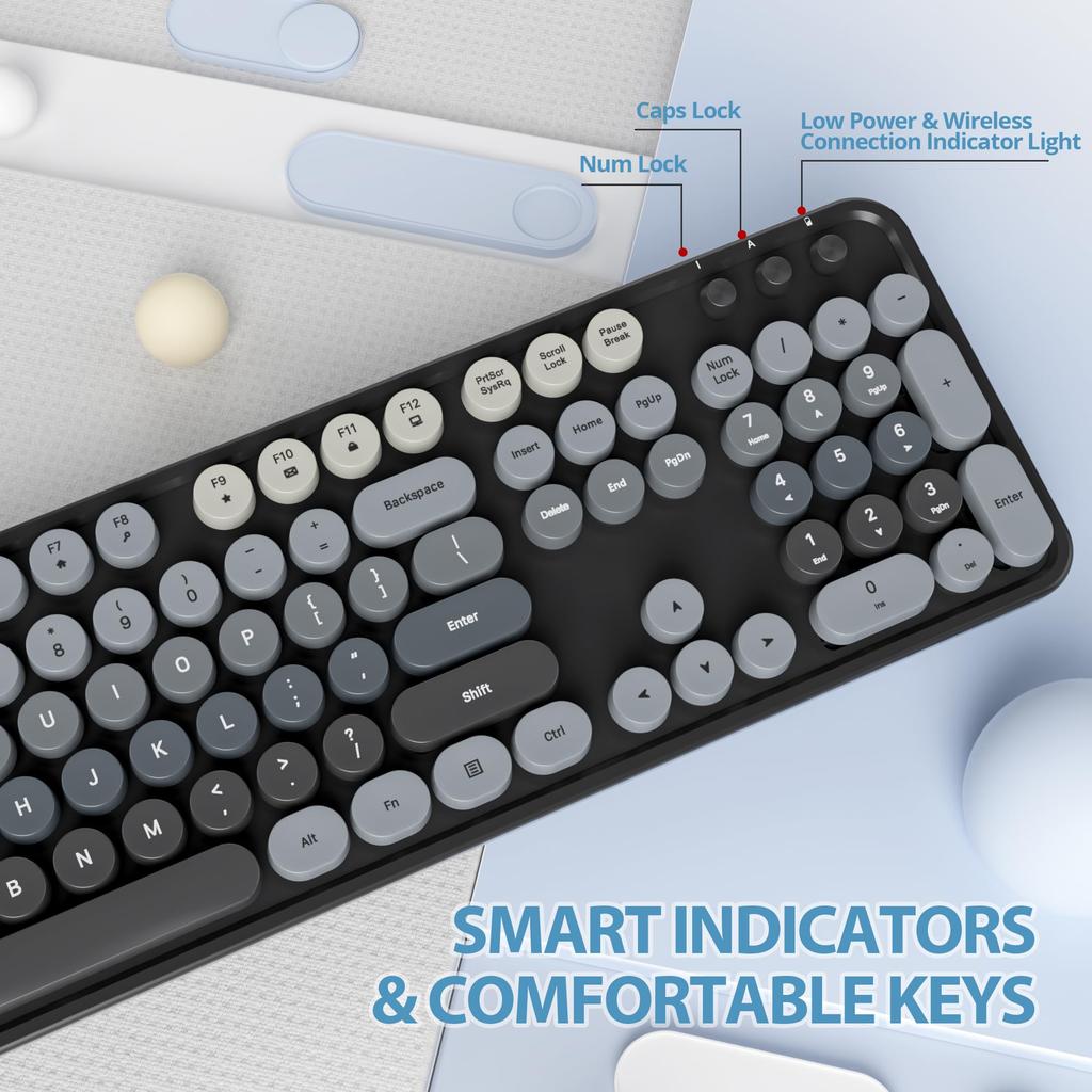 Czarna Klawiatura Bezprzewodowa i 104 Klawisze Pełnowymiarowa Urocza Kolorowa Klawiatura z Numerem Retro Piszmaszyna Okrągłe Klawisze dla Windows PC Układ USA Czarna Mysz,