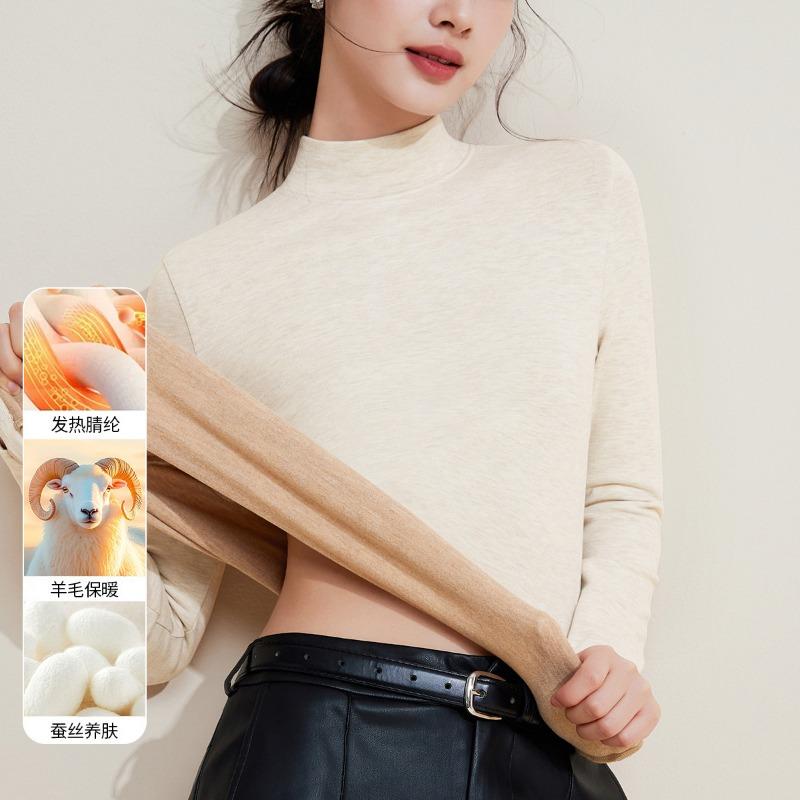 Autumn and Winter Mid-neck Wool Silk Thermal Underwear Women's Thickened Fleece Bottoming Shirt Warm Fleece Heating Autumn Clothes Top