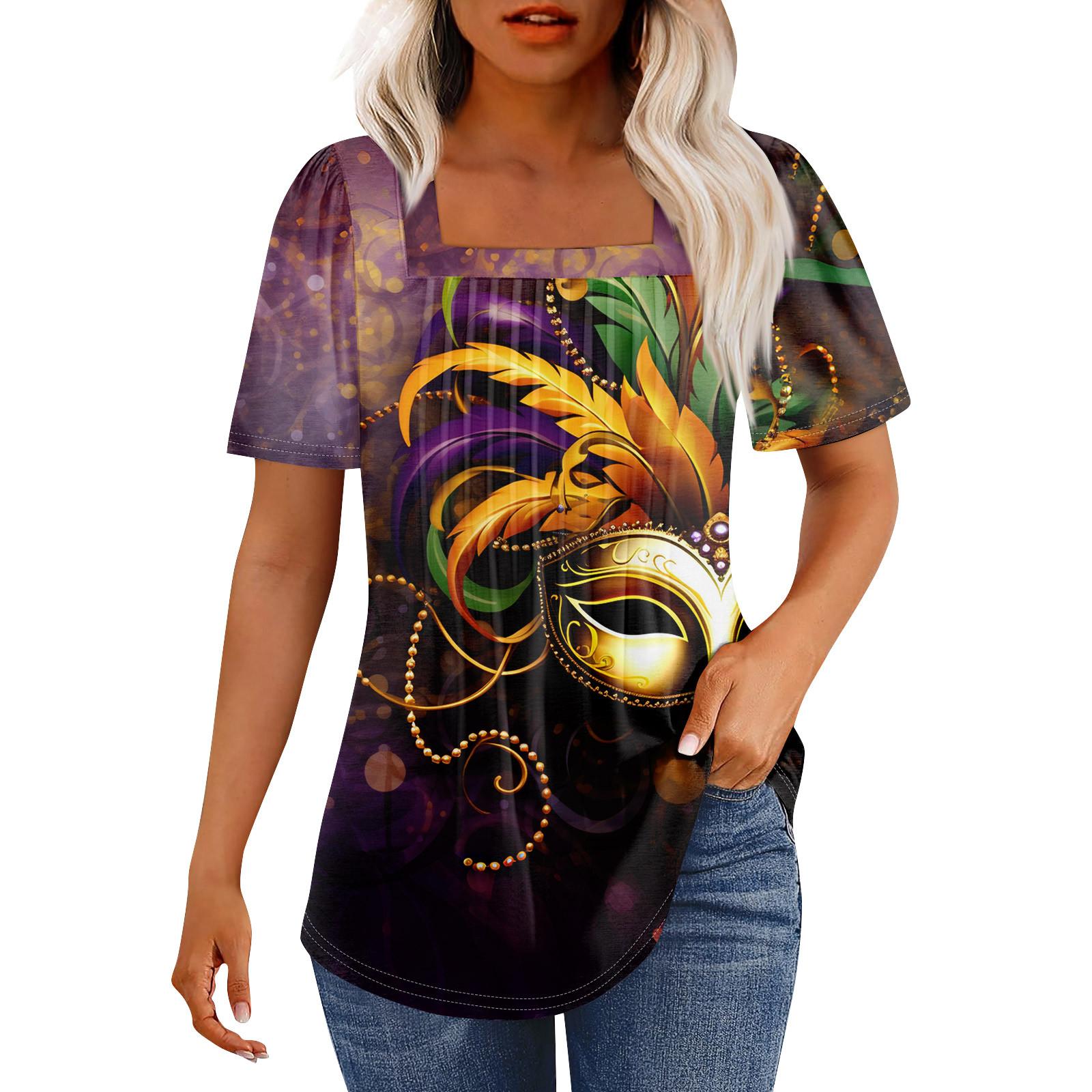 

Футболки для женщин, плиссированные, с квадратным вырезом, нарядные, повседневные, блузки с принтом, с коротким рукавом, летние топы свободного кроя XL фиолетовый