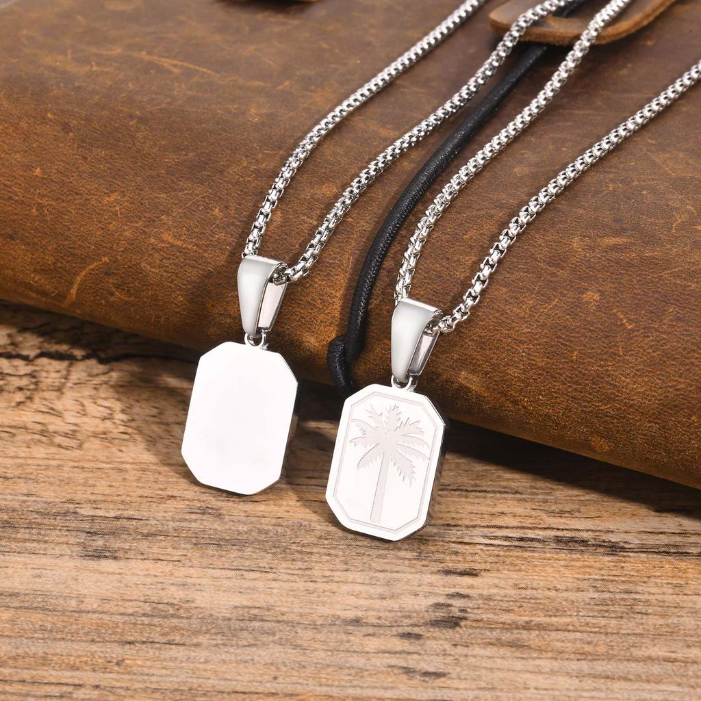 Vnox Simple Geometric Unisex Necklaces, Rectangle Pendant Monogram Palm Tree Collar with Box Chain, Men Women Jewelry