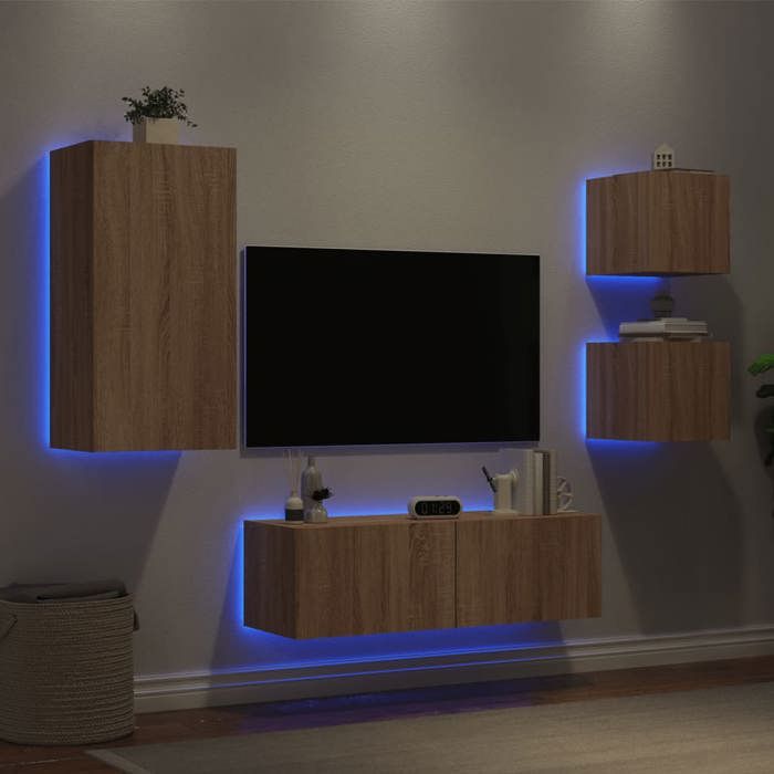 VidaXL Wall-Mounted TV Units with LED Lights 4 Pcs, Hanging Television Cabinets, Floating TV Furniture, Modern, Oak 3216883