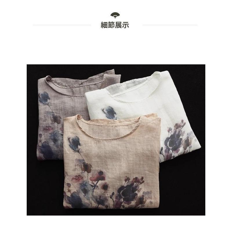 Womens Floral Print Linen Blend Loose Fit Short Sleeve Blouse