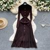 Autumn Winter Women Elegant Polo Collar Knitted Sweater Metal Button Long Maxi Split Pullover Dresses