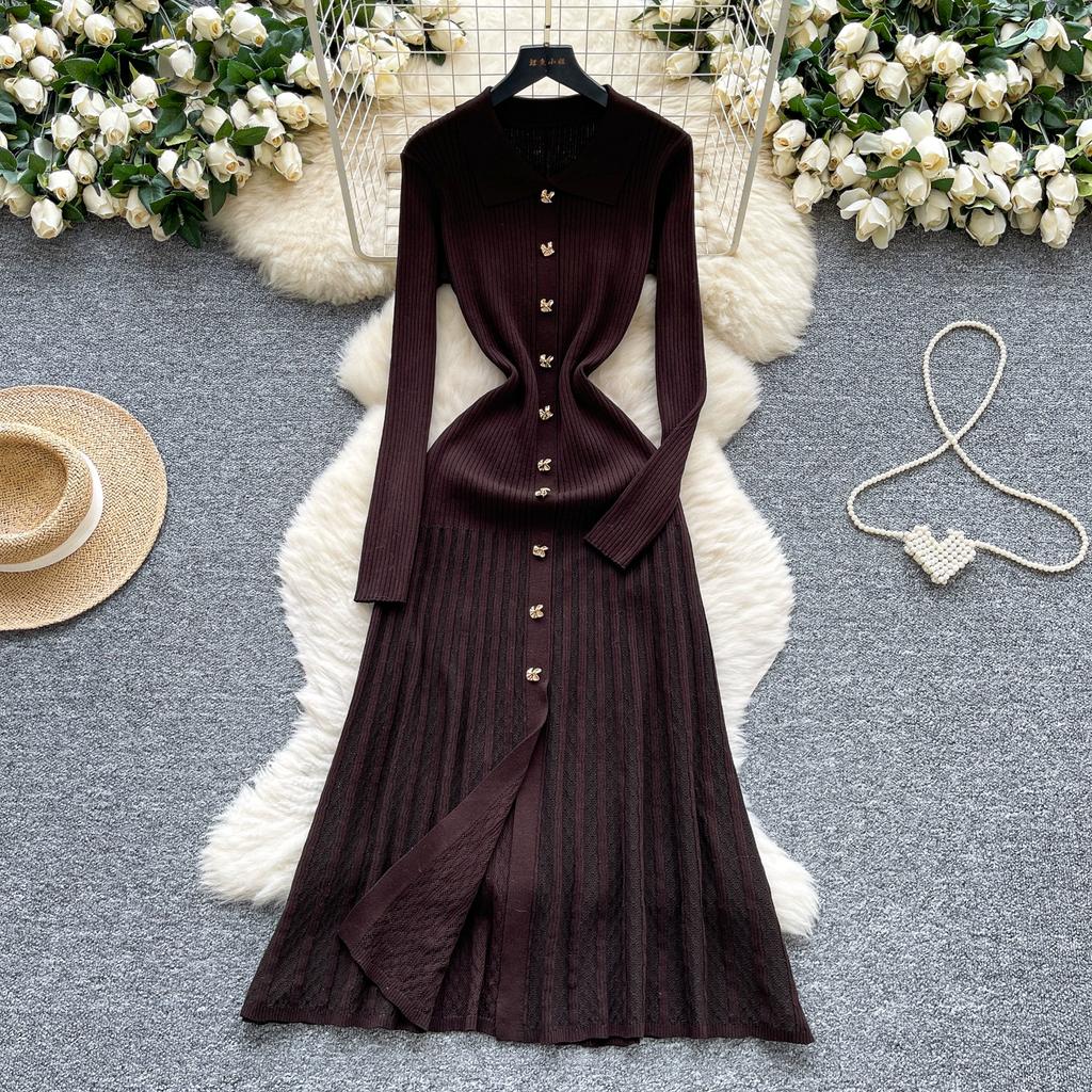 Autumn Winter Women Elegant Polo Collar Knitted Sweater Metal Button Long Maxi Split Pullover Dresses