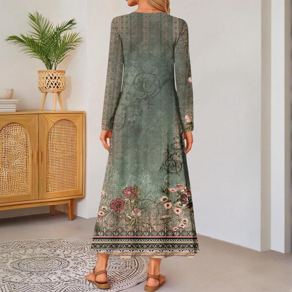 women retro printed long-sleeved comfortable loose dress, elegant dress