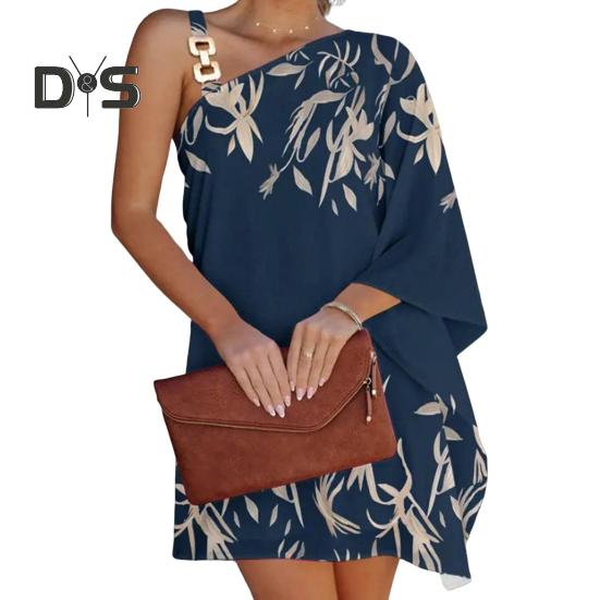 Letní dámské šaty s jedním netopýřím rukávem, odhalující rameno, s nepravidelným potiskem, šikmým výstřihem, volné, s řetízkovou dekorací, dovolenkové plážové minišaty