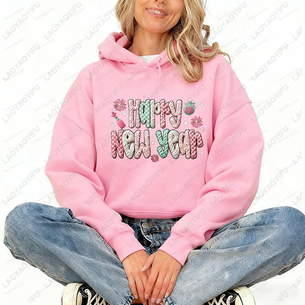Happy New Year 2026 Women Hoodies Hello 2026 Faux Crochet Coquette Faux Yarn Printed Long Sleeve Sweatshirt Winter Sweater Women