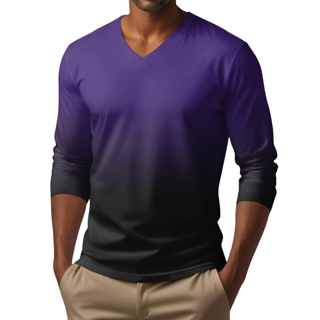 Men's V-neck Casual Fashion Printed Long-sleeved T-shirt Top