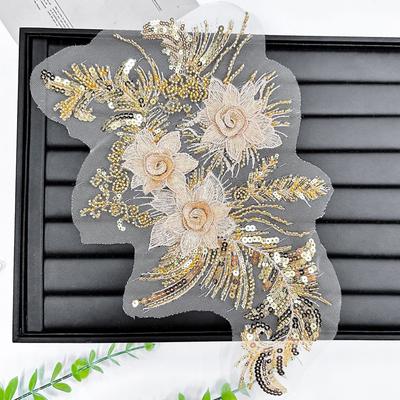 Mesh Lace Gold Bead Embroidery Cloth Sticker Sequins Three-Dimensional Flower Patch Cheongsam Clothes Skirt Decorative Accessories