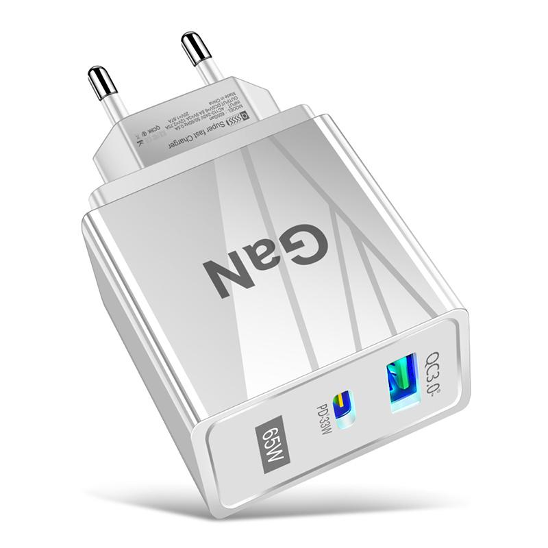 US/EU/UK Plug 65W GaN Fast Charger QC3.0 USB+Type-C PD For IOS Android Charge 5V/6.6A 9V/3A 12V/2.75A 20V/1.67A Quick Charging