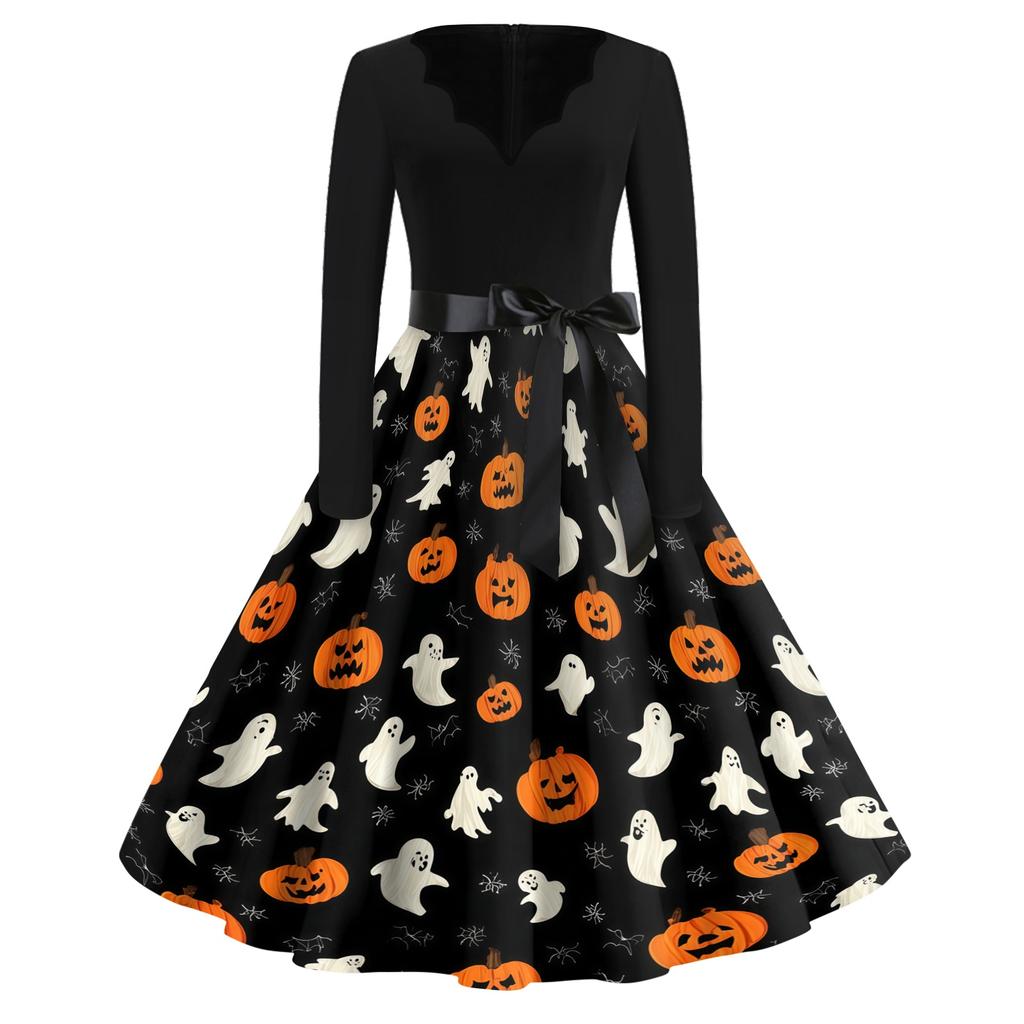 Women's Casual Vintage V Neck Dress with Halloween Print Long Sleeve Fit and Flare Knee Length Dress with Waist Tie Belt